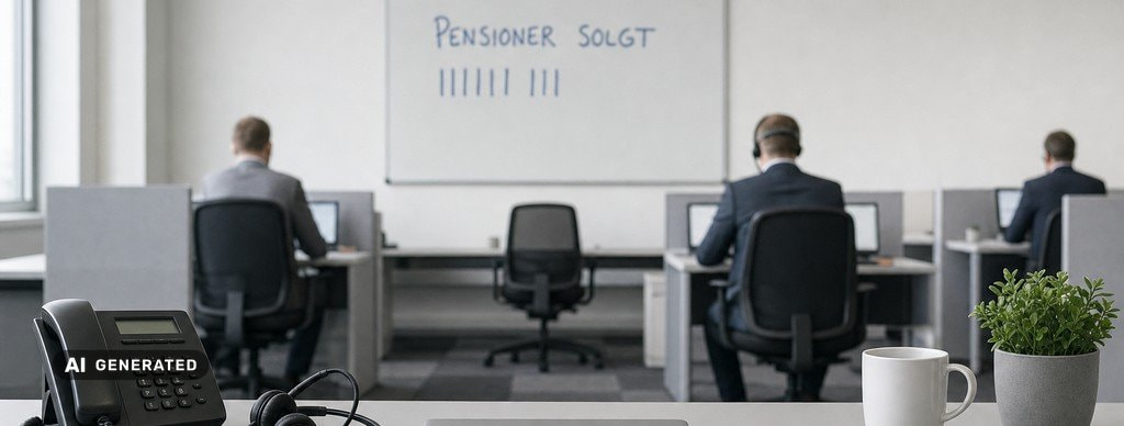 AI-genereret billede: kontorbord med fastnettelefon, headset og laptop, og bagved medarbejdere med headset ved deres skriveborde.