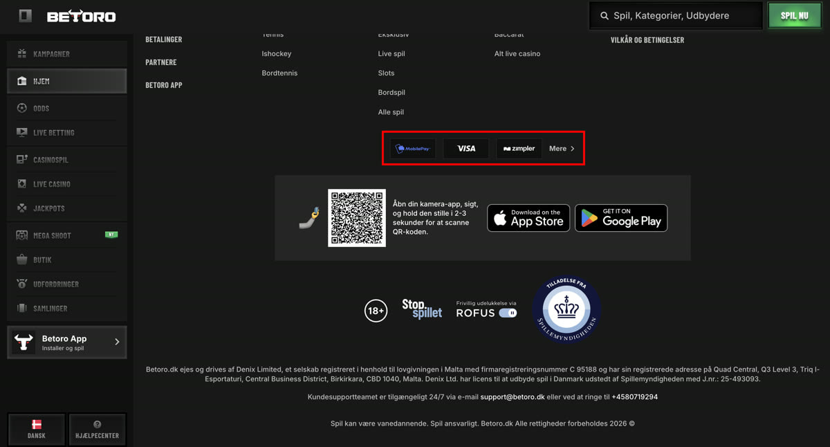Footeren hos Betoro med logoer for casinoets betalingsmetoder
