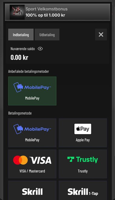 Indbetalingssiden hos Betoro med Trustly blandt betalingsmetoderne