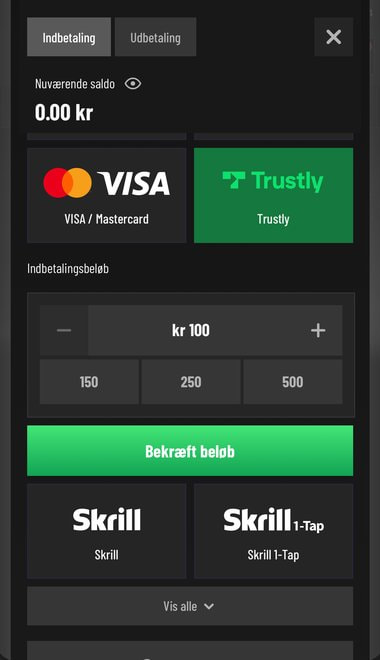 Indbetalingsbeløb på 100 kr. med Trustly hos Betoro