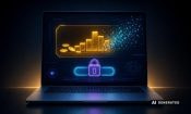 AI-genereret illustration af en laptop med en stor casinosaldo, der opløses i pixels, og en udbetalingsknap låst med en hængelås