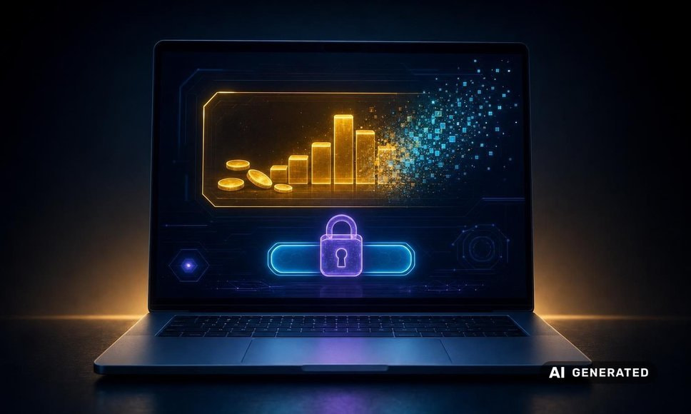 AI-genereret illustration af en laptop med en stor casinosaldo, der opløses i pixels, og en udbetalingsknap låst med en hængelås