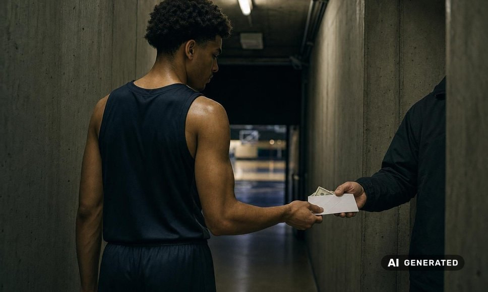 AI-genereret billede af en basketballspiller i en spillertunnel, der modtager en kuvert med kontanter
