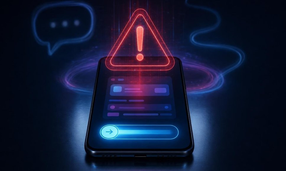 Mobiltelefon med en swipe-knap på skærmen og en rød advarselstrekant, der svæver over telefonen