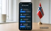 AI-genereret billede af en telefon med Polymarket-appen og et norsk flag i baggrunden