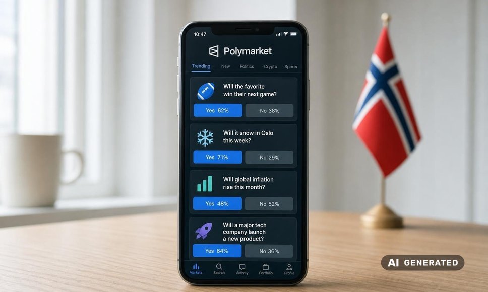 AI-genereret billede af en telefon med Polymarket-appen og et norsk flag i baggrunden