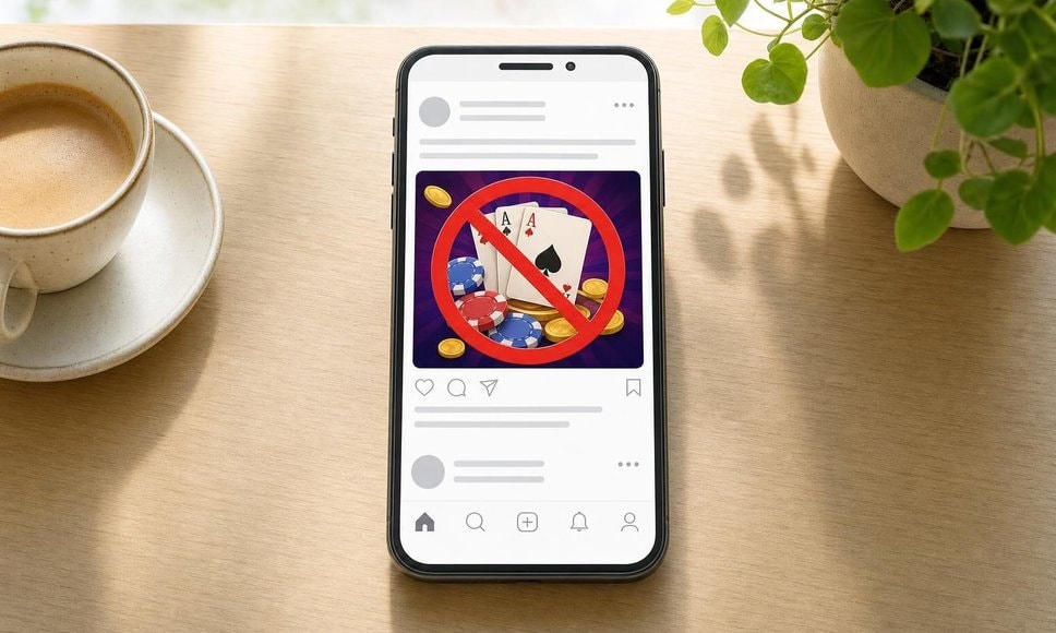 Telefon på et træbord, hvor en casino-annonce i et socialt feed er blokeret med et rødt forbudsskilt