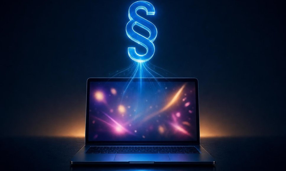 Laptop på et mørkt skrivebord med en sløret spilreklame på skærmen og et glødende §-tegn, der lyser ned over den